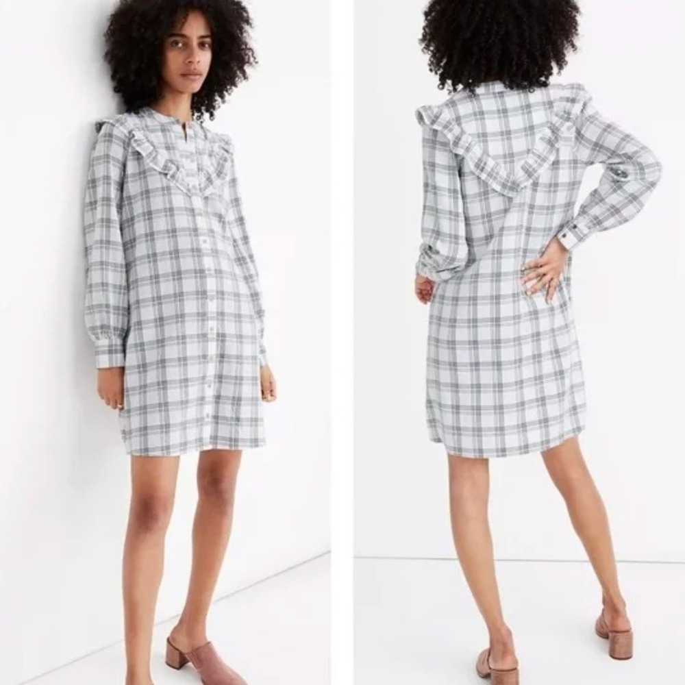Madewell Shirt Dress Size Small Plaid Ruffle Long Sleeve Button Down Western